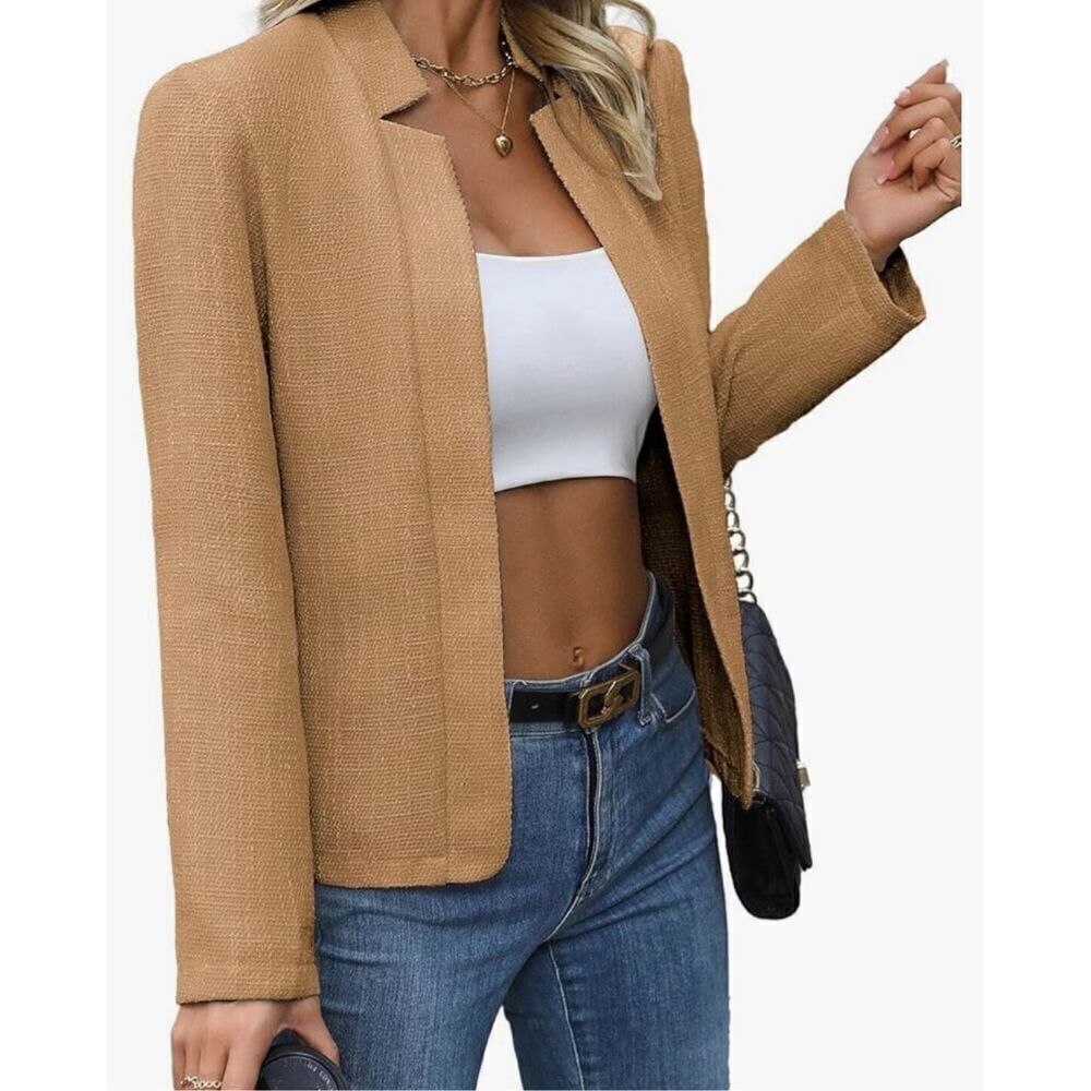 Mina Self 2025 Women's Tweed Blazer Lightweight Plaid Open-Front Stand-Collar